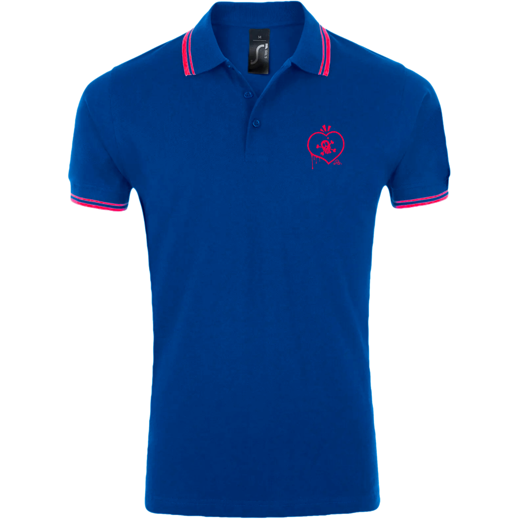 Polo bleu broderie rose coeur & crâne
